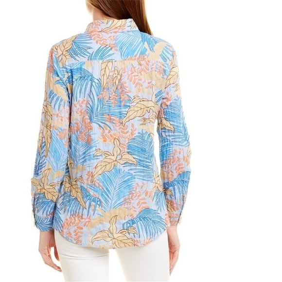 J McLaughlin Lois Shirt Blue Tropical Palm Print Long Sleeve Button Front Sz S - Picture 2 of 16